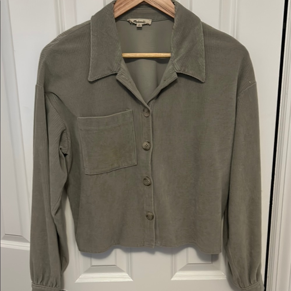 Madewell Sage Green Corduroy Button-Up Cropped Shirt sz S